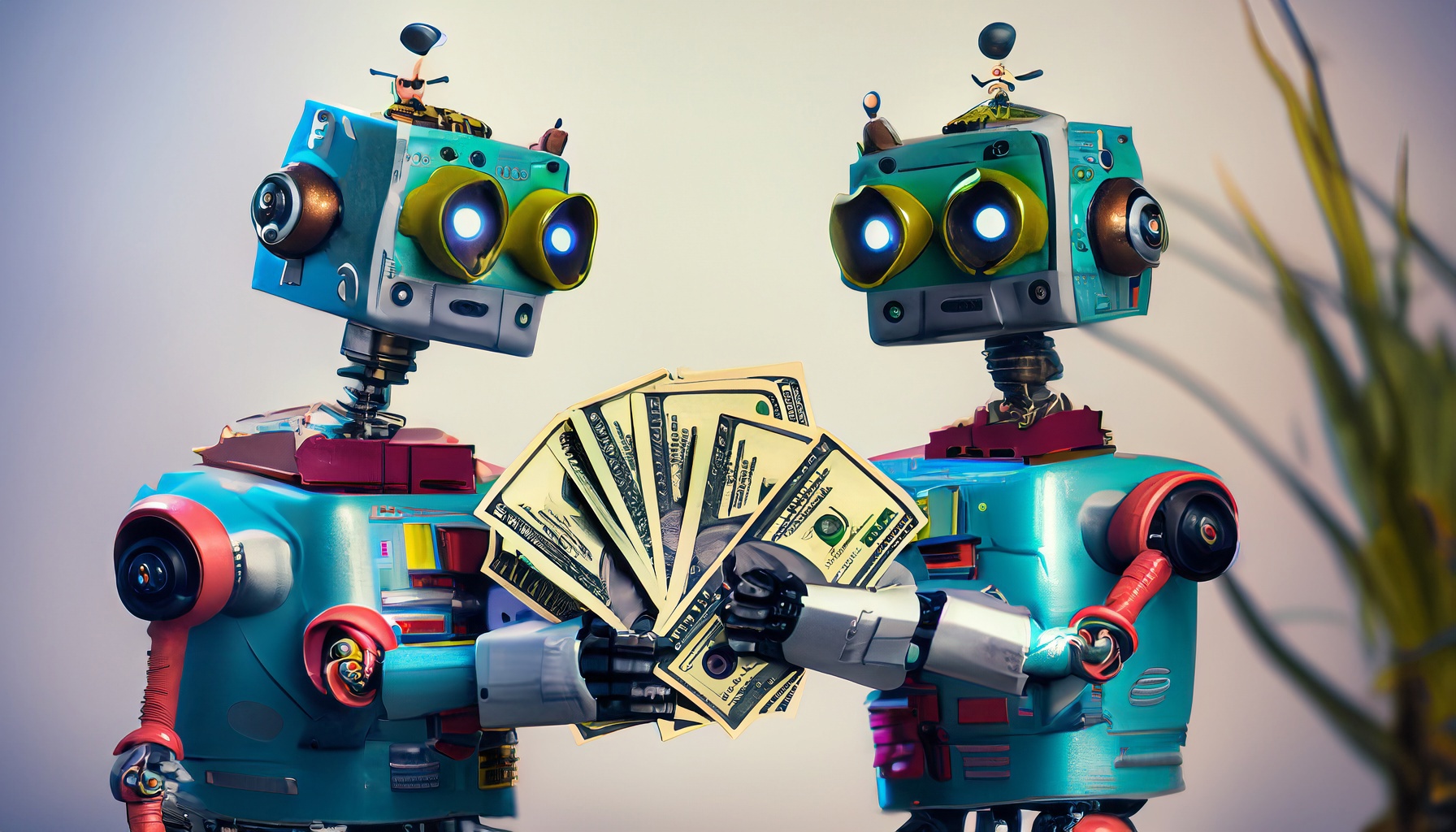 Firefly Give A Big Pile Of Cash To Two Photographer Robots Wearing Colourful Clothes. The Robots Are
